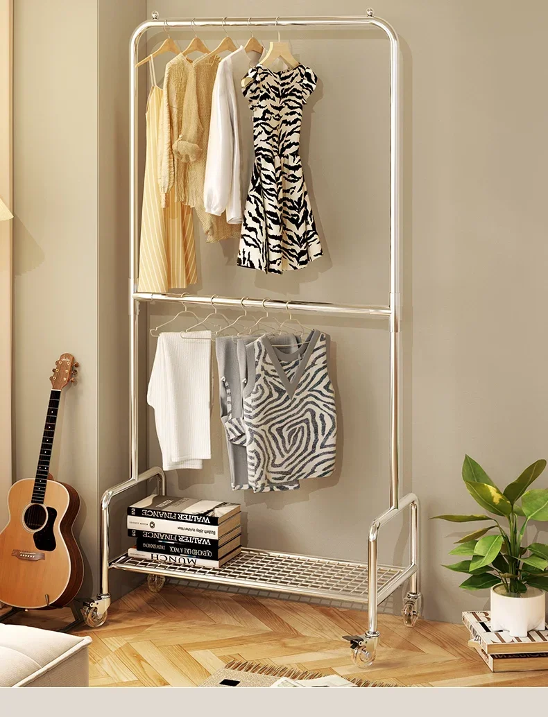 

Bedroom simple double layered frame, up and down, floor pole mobile hanging frame, household clothes and pants rack