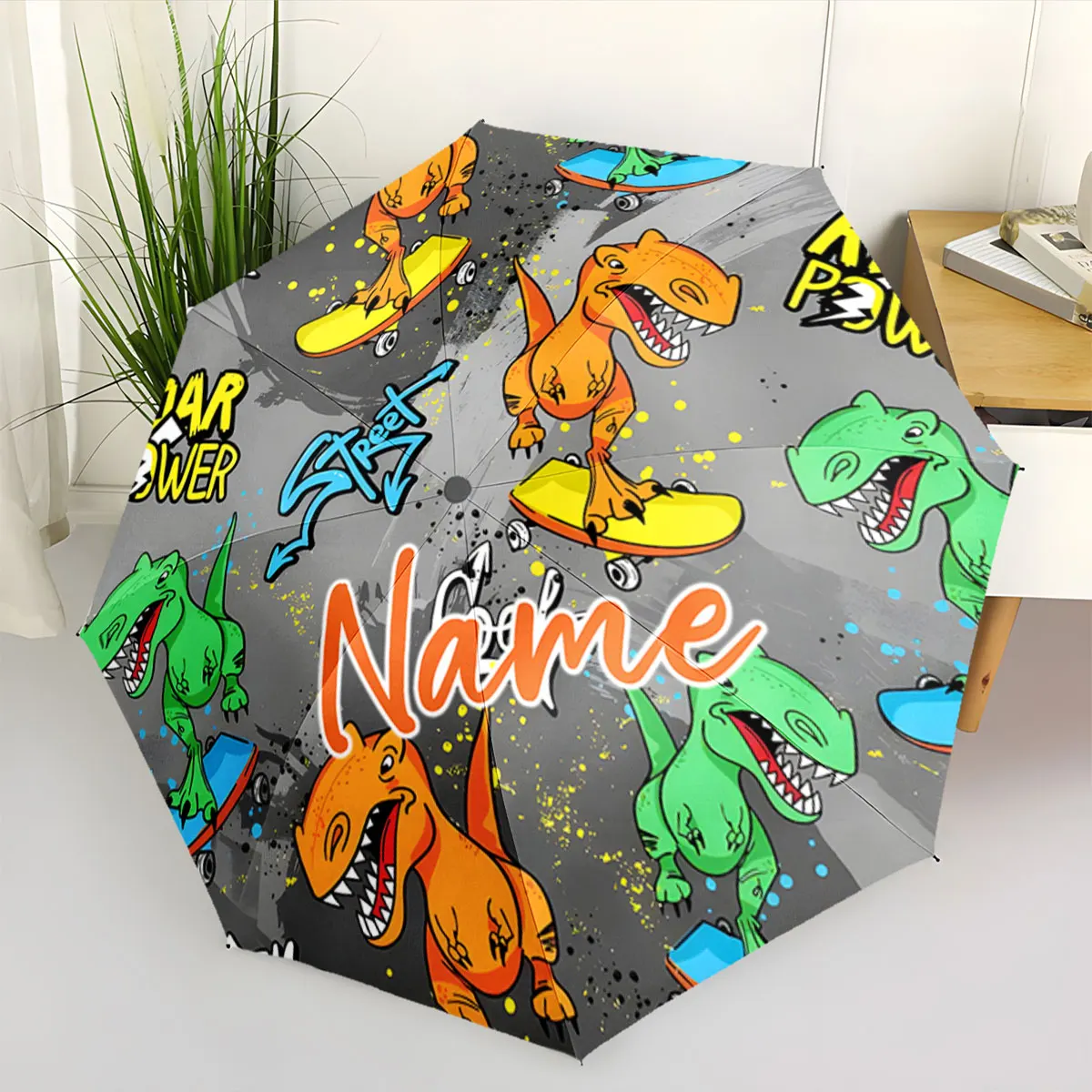 Custom Name Skateboarding Dinosaur Printed Umbrella Design Print 8 Iron Ribs Folding Umbrella, Auto-Open Fashion Sunshade