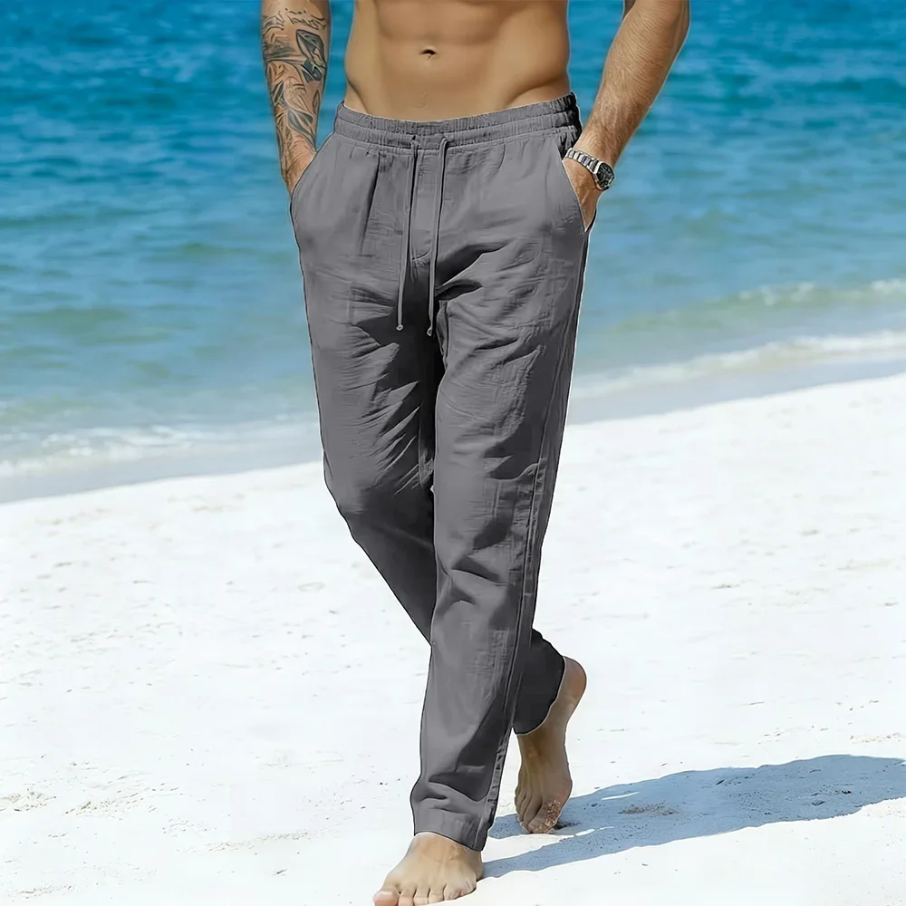 Herren Freizeithose aus Baumwolle und Leinen, Leicht und Atmungsaktiv, Einfarbig mit Geradem Bein und Elastischem Bund, Klassische Herrenhose – Detail 7