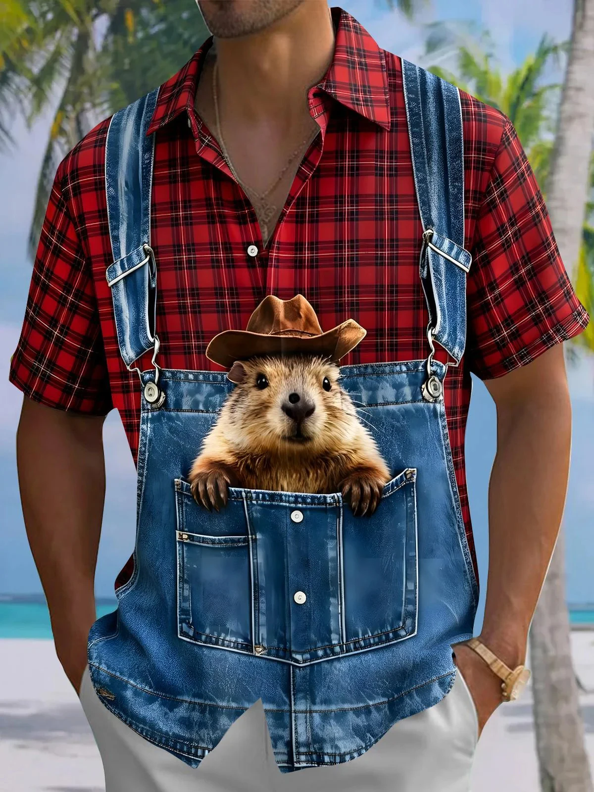 Men Plaid Fake Denim Overalls Groundhog Print Hawaiian Shirt Western Style Beach Vacation Casual Mens Clothing