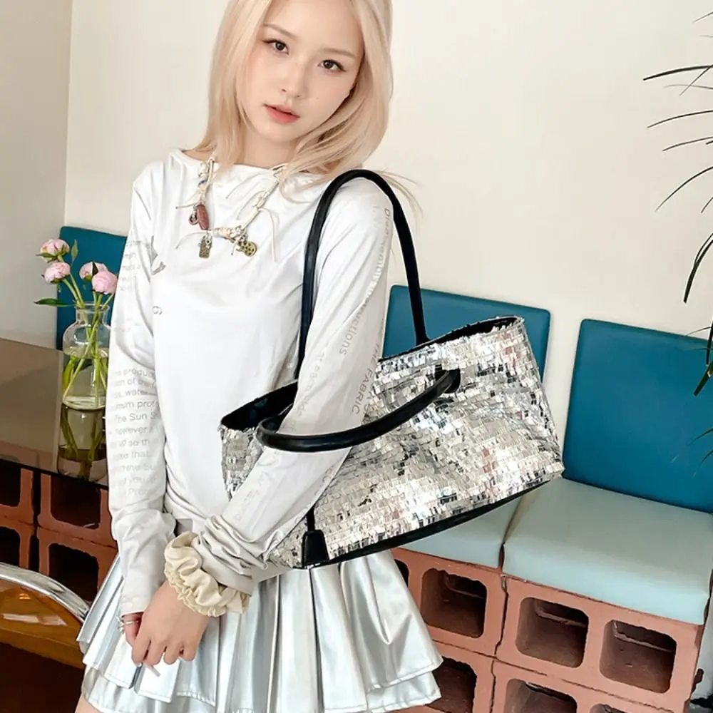 

Portable Shiny Sequin Tote Bag Fashion Sequined Blingbling Handbag Underarm Bag Large Evening Bag Travel
