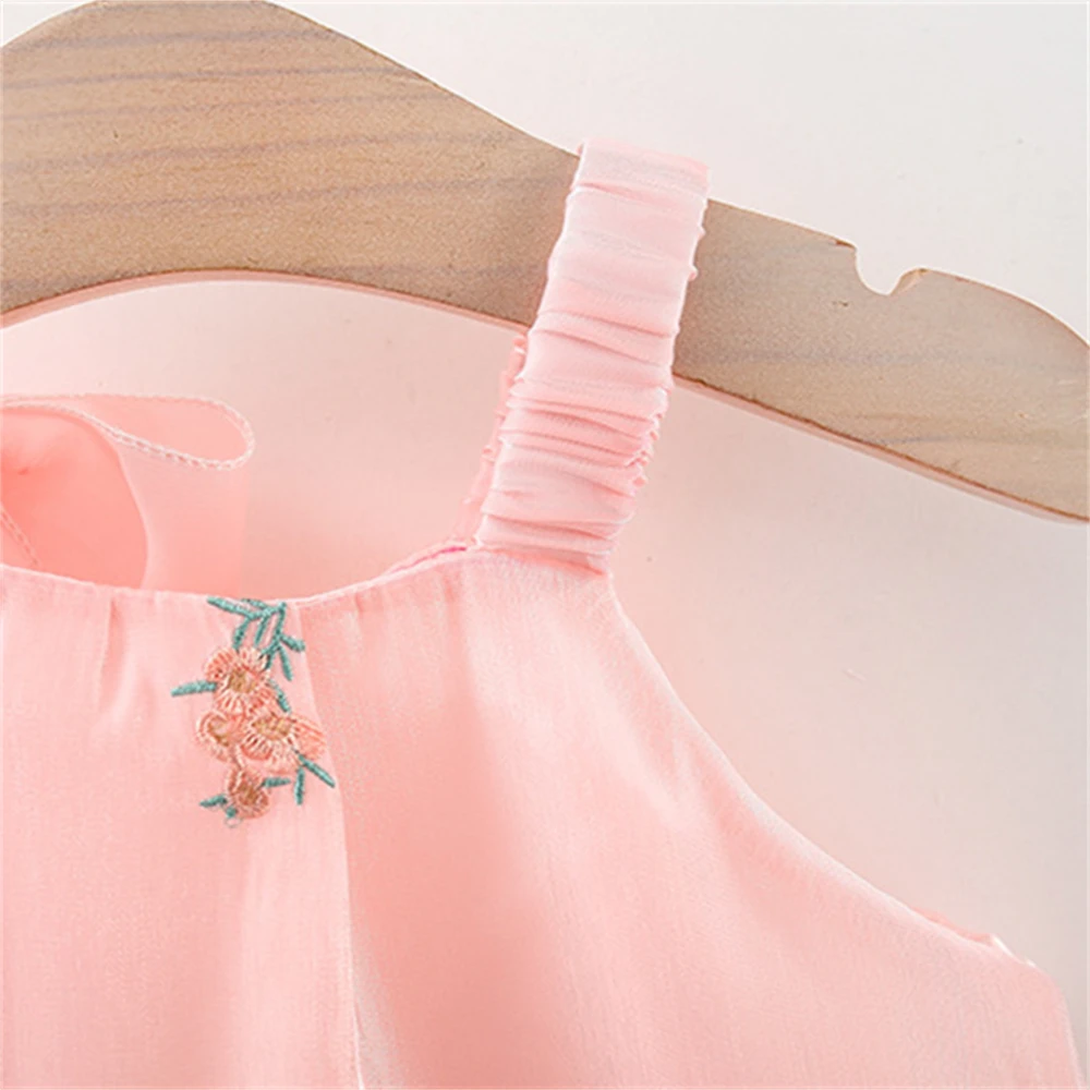 Summer Girl Baby Dress Girl Embroidered Flower Hem Tie up Bowtie Chiffon Suspended Princess Dress