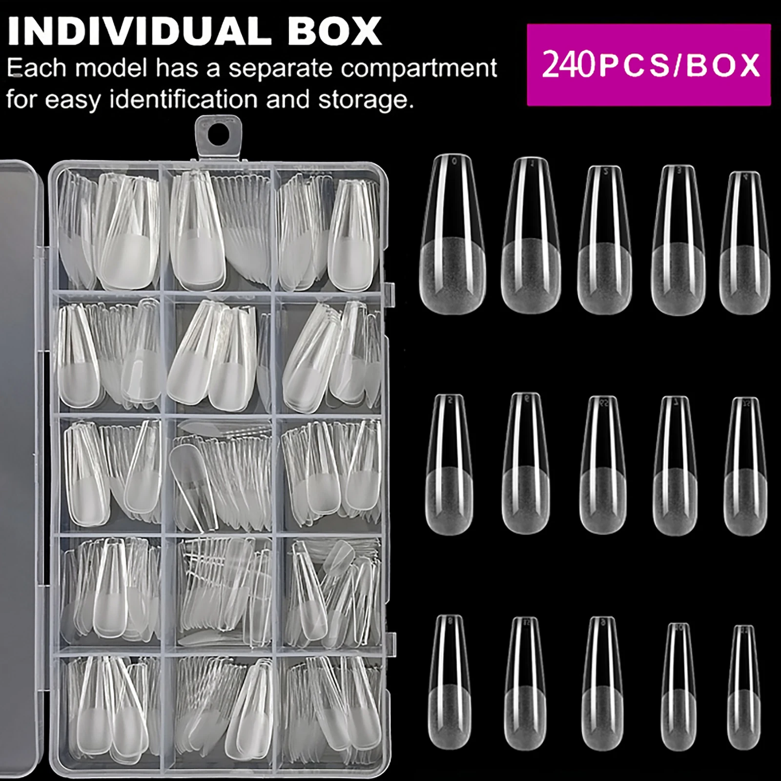 240/330pcs Soft Gel Ballet Nail Tips Ballerina Nail Half Matte Clear Coffin Shaped Acrylic False Nail Tips 15 Sizes For Home DIY