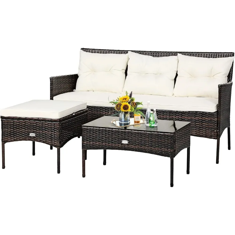 3 Pieces Patio Conversation Set, Outdoor PE Rattan Wicker Furniture Set W/Cozy Cushions, All Weather Sectional Sofa Set