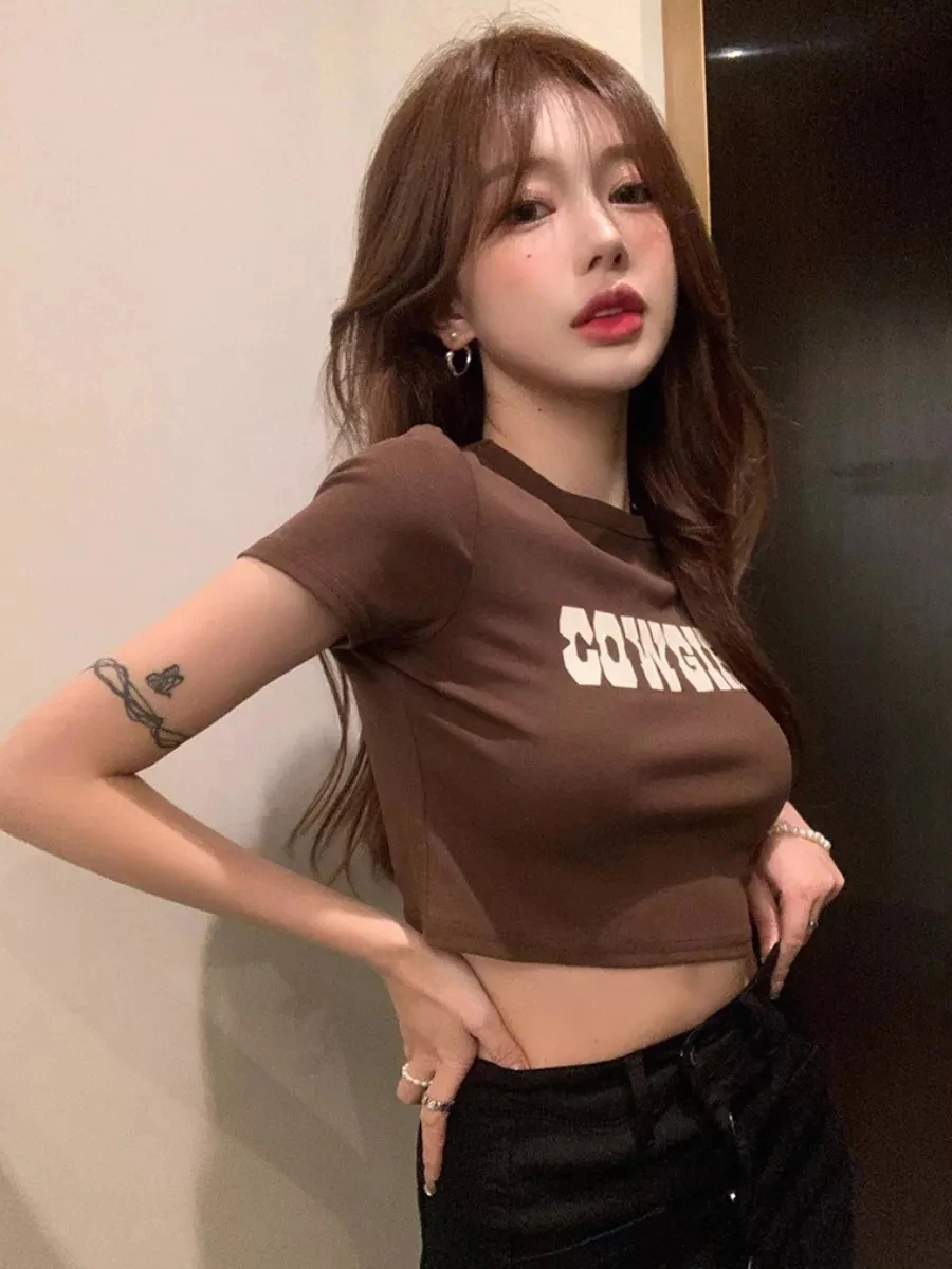 Women's 2024 Y2k Retro Hot Girl Short-sleeved T-shirt Women Summer Slimming High Waist Navel-baring Short Baby Tee