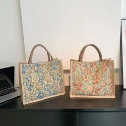 2024 New Women Flower Pattern Flax Tote Bag Larger Capacity Outdoor Handbag Casual Lunch Bag Mummy Bag