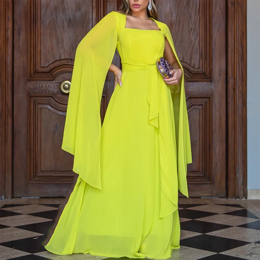 Vestido largo de gasa con escote cuadrado para mujer, traje elegante de gasa para fiesta de graduación, boda