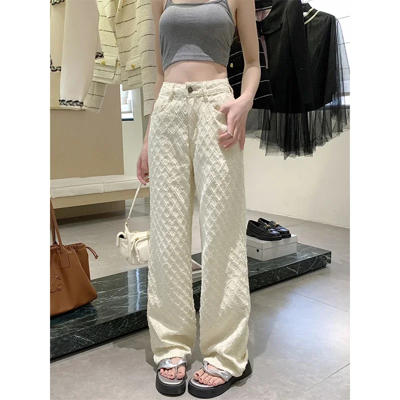 

White High Waisted Diamond Checkered Floral Jeans for Women 2025 Spring New Jacquard Design Wide Leg Pants