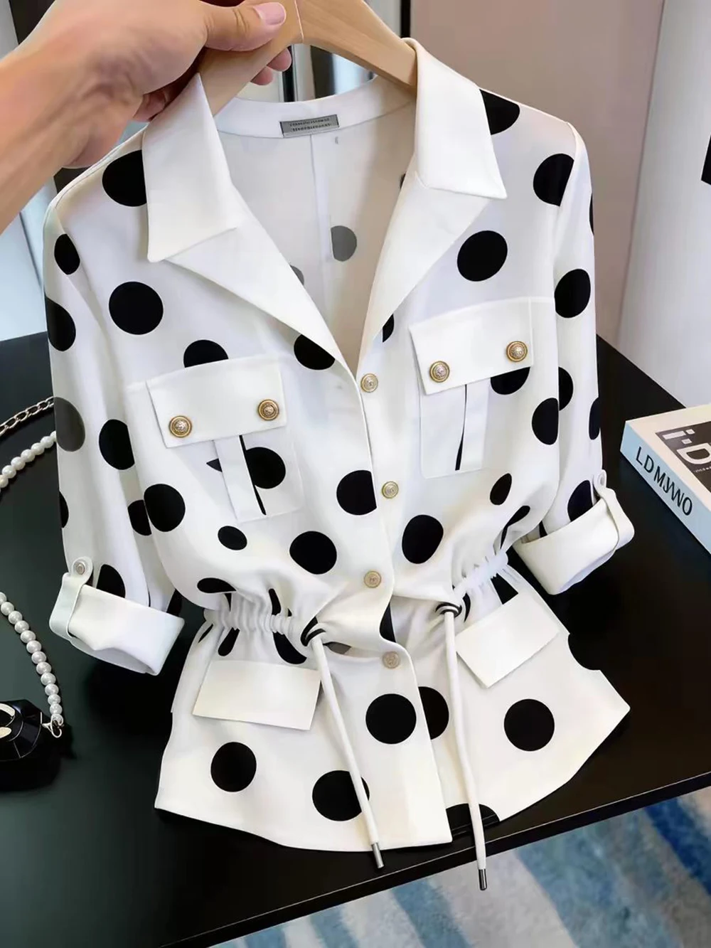 Women Polka Dots Print Shirts 2026 New Trendy Slim Waist Drawstring Blouse Gold Buttons Roll-Up Sleeve Shirt for Office Lady - view 2
