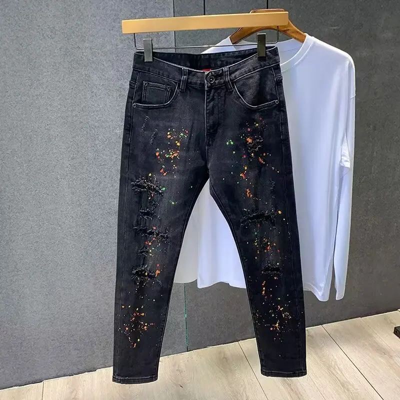 

Мужские облегающие джинсы Pure Bla, повседневные эластичные джинсы из девяти предметов, весна-осень 2024, новые универсальные длинные брюки для отдыха