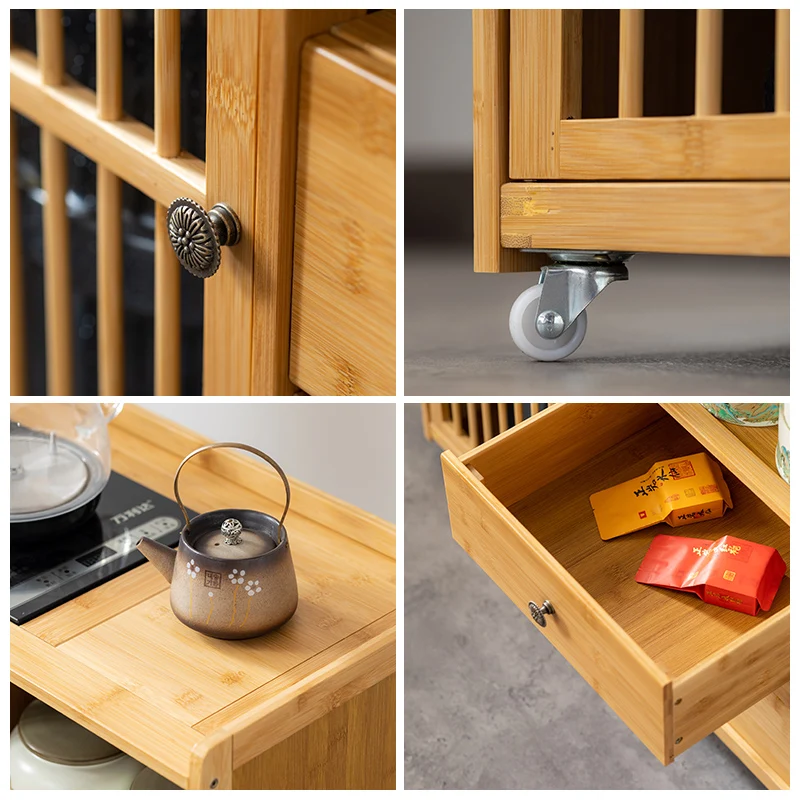 Bamboo Rolling Cabinet Simple Wood Table Home Living Room Cart with Wheels Integrated Water Boiler