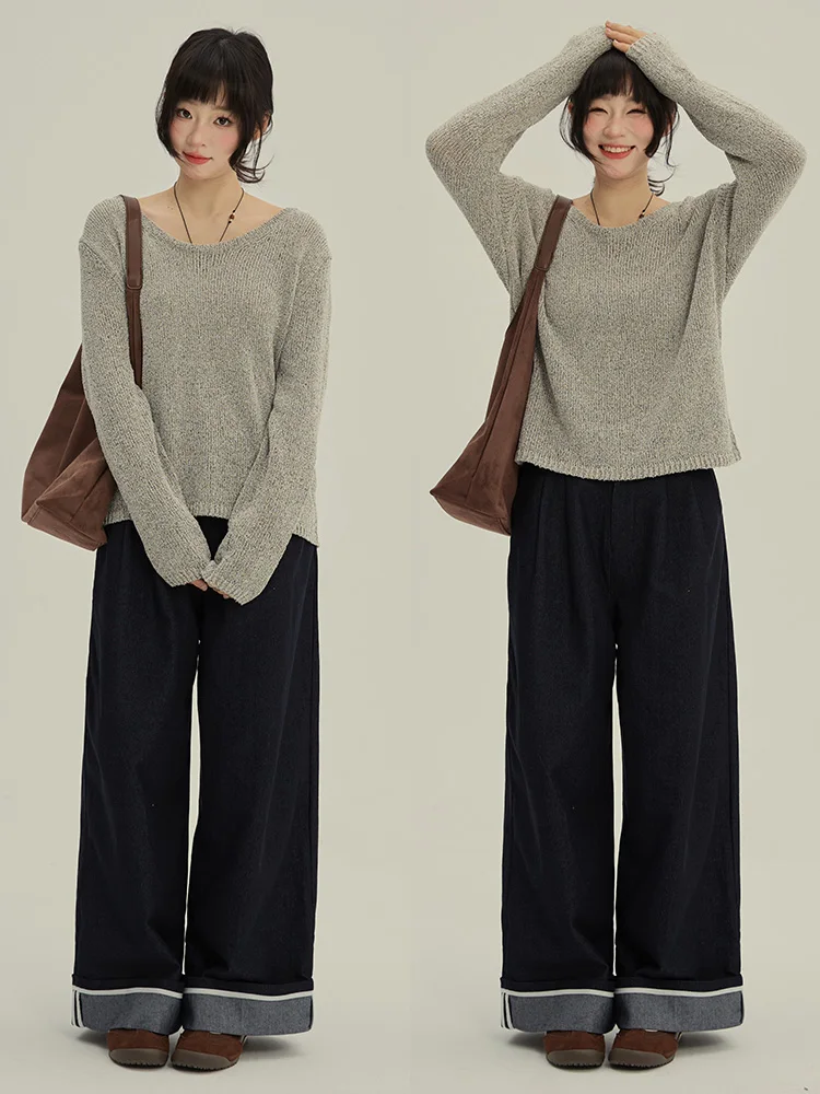 

VOUSALME ey Knitted Sweater Women's Casual round Ne Loose Fit Long Sve Polyester Fiber Spring Season Basic T-irt