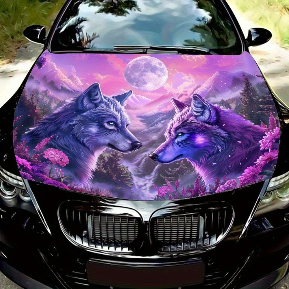 

The Purple Wolf And The Blue Wolf Under The Purple Moon Car Hood Decal Sticker - Premium Vinyl Sticker For Automotive Exterior C