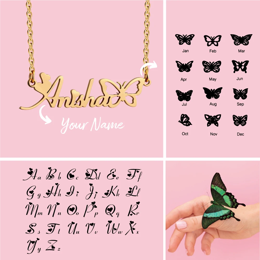 

Personalized Butterfly Necklace with Name Half Butterfly Wing Pendant Made Any Name Custom Jewelry Gift for Women Girl