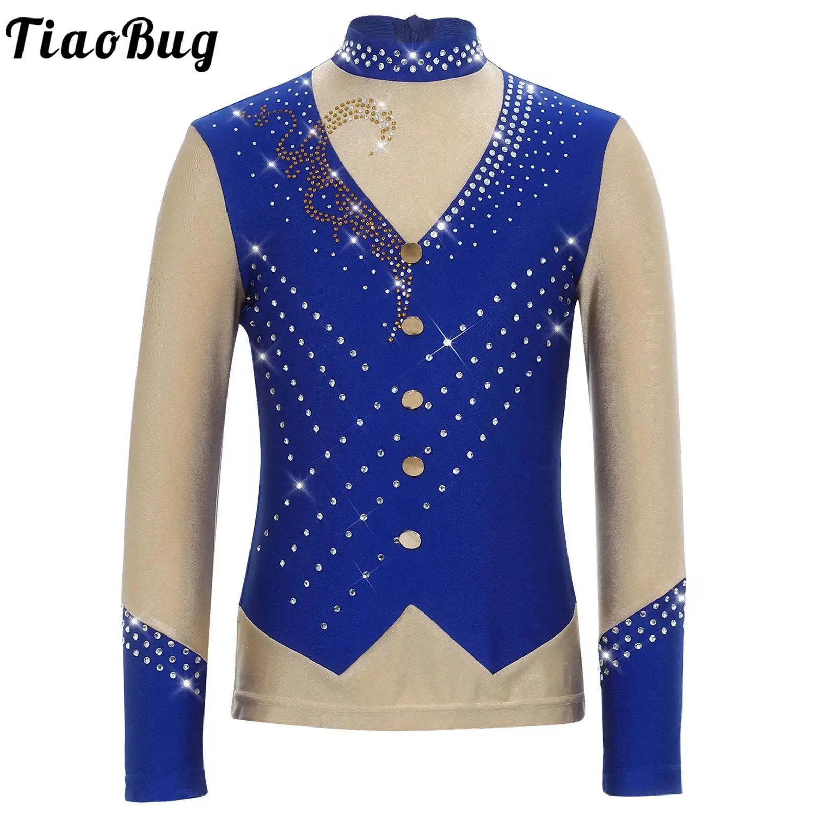 

Kids Boys Ice Figure Skating Dance Costumes Shirts Sparkly Rhinestones Long Sleeve Contrast Color Top for Skating Competition