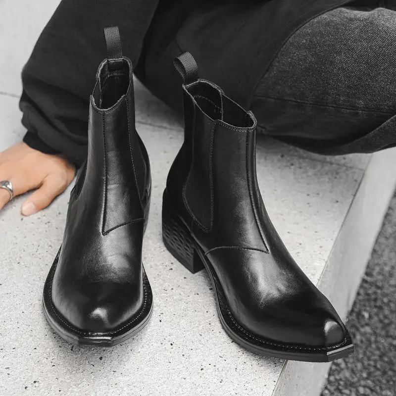 

2025 British Men's Trendy High-top Casual Heightening Platform Chelsea High-heeled Upturned Pointed Wizard Boots