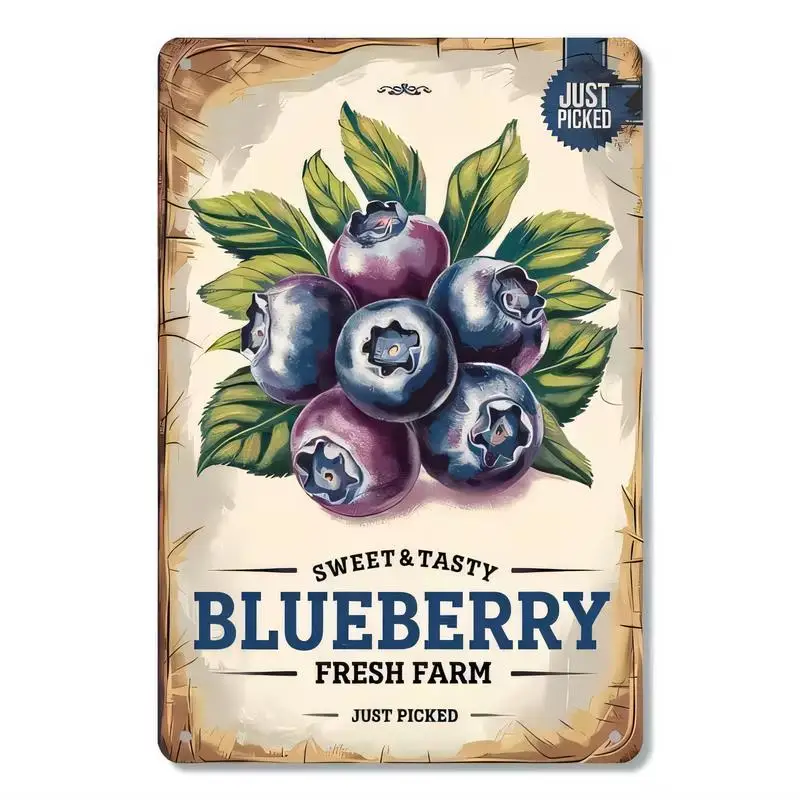 Vintage Just Picked Blueberry Metal Tin Sign - Colorful Fresh Farm Design, Iron Wall Art for Kitchen/Dining/Farmhouse Decor, Ret
