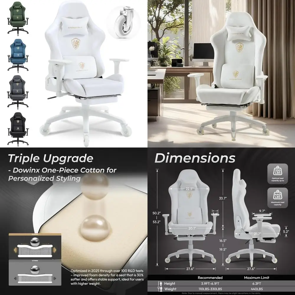 كرسي ألعاب مريح من قماش الجلد السويدي يسمح بالتهوية مع مساند للذراعين ثلاثية الأبعاد وعجلات من البولي يوريثان ودعم قطني للتدليك للاعبين الكبار والطويل