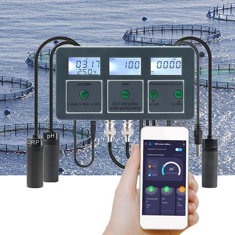 HOT SALE Tuya Wifi Water Quality Detector S.G/PH/EC/ORP/TDS/CF/SALT/TEMP Measuring Analyzer Water Monitor EU Plug