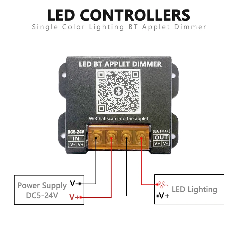 30A pojedynczy kolor kontroler przyciemniania LED DC 5V 12V 24V inteligentna aplikacja Bluetooth ściemnianie PWM dla monochromatycznych modułów