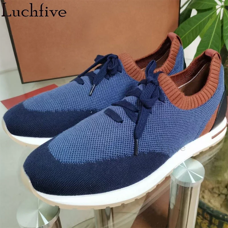 Plus Size Knitted Flat Shoes Women Casual Lace up Slip On Sneakers Shoes Multicolor Round Toe Luxury Brand Walking Shoes Unisex