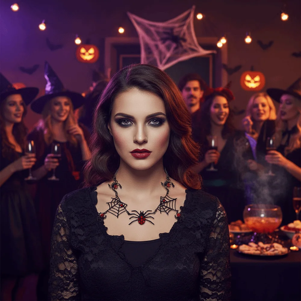 Vintage Halloween Black Spider Web Necklace Gothic Exaggerated Design Punk Spider Choker Alloy with Red Rhinestones