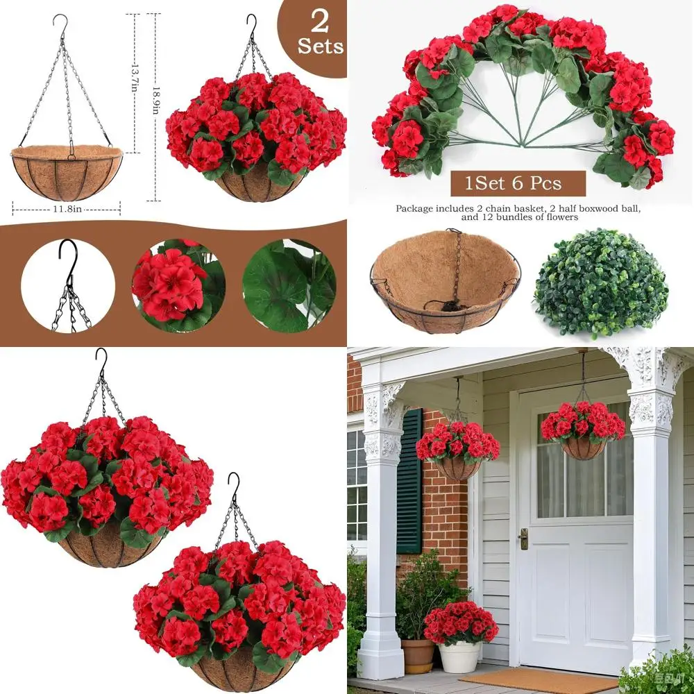 

Пара подвесных корзин из искусственной красной герани с 12 цветами для наружного рождественского декора крыльца и патио