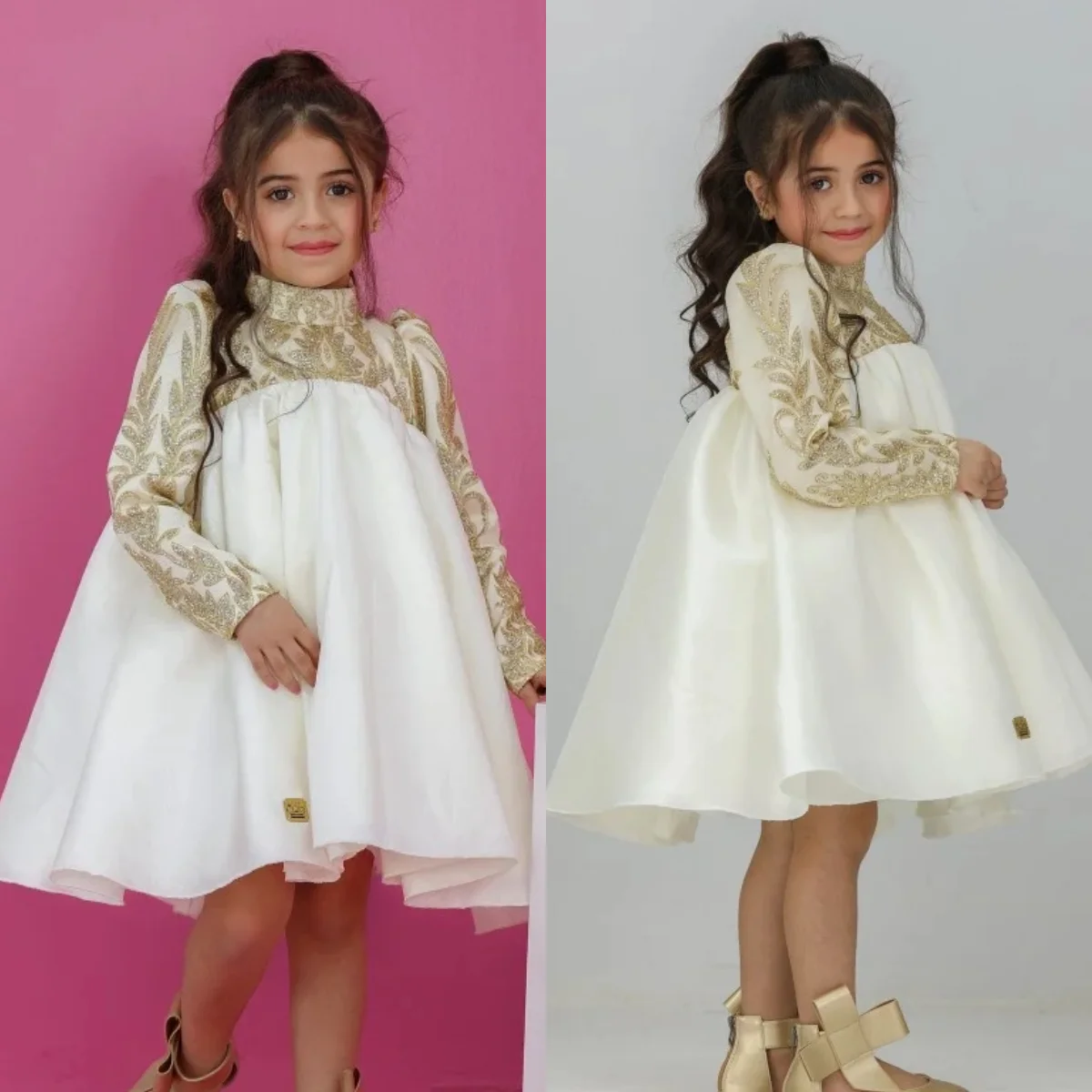 

High Neck Short Flower Girl Dresses for Wedding Customized Princess Baby Girl's Birthday Gowns Long Sleeve First Communion Dress