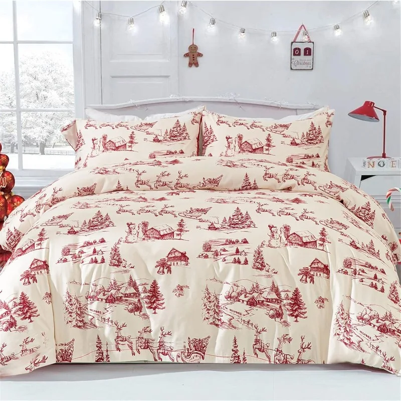 Queen Christmas Duvet Cover Set Christmas Tree Snowman Village Gifts Bedding Set,Soft Microfiber