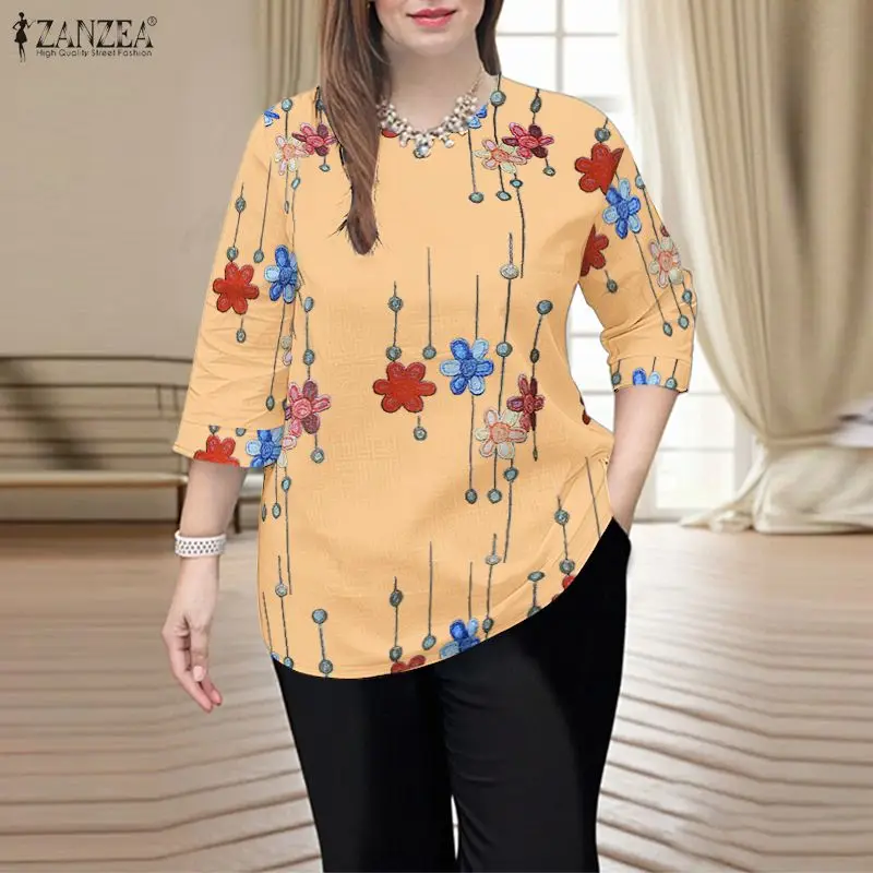 

ZANZEA Vintage Floral Print Blouse Women 3/4 Sleeve Casual Loose Tops Tunic 2026 Autumn Oversized Shirts Elegant Fashion Blusas