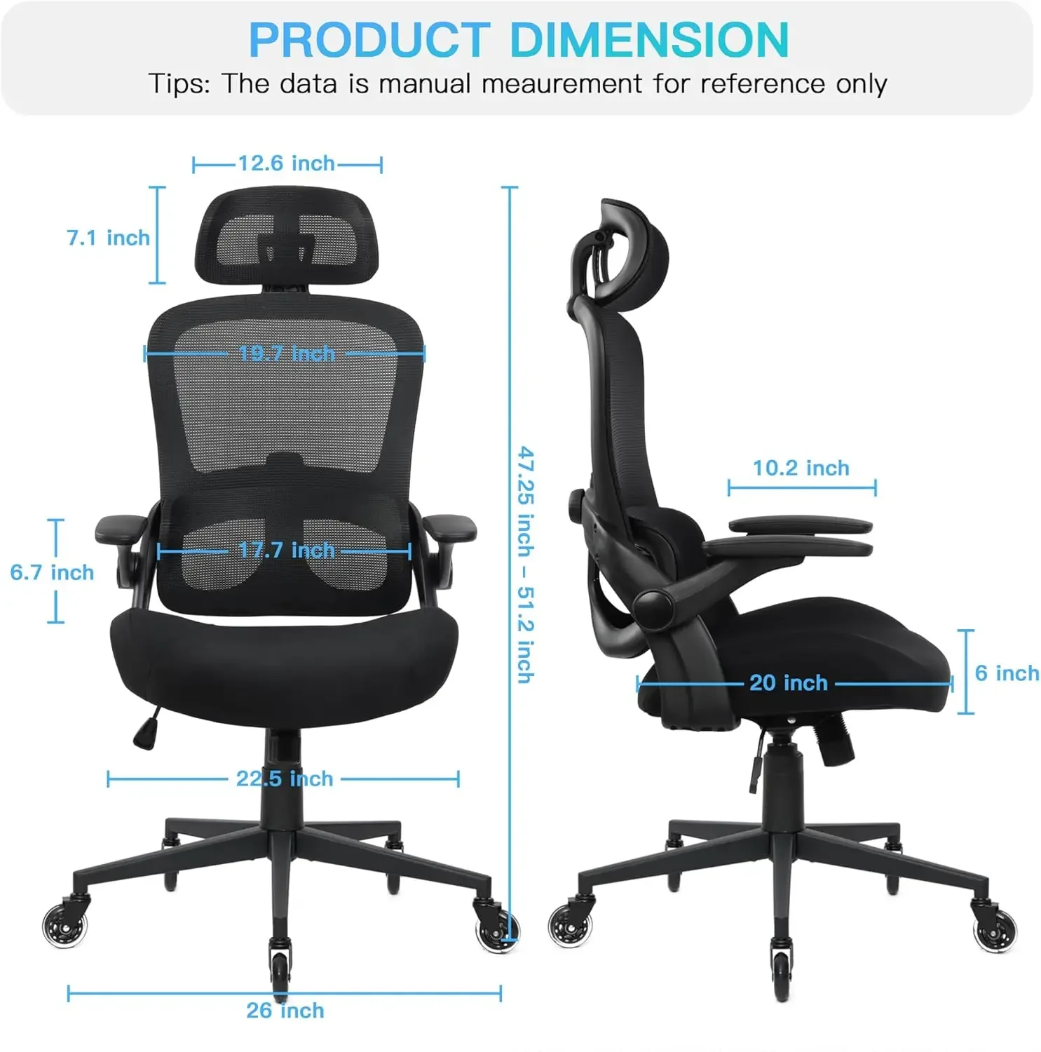 Ergonomic Mesh Office Chair, High Back Desk Chair with Up&Down Lumbar Support, 3D Armrests and 2D Headrest, Wide Memory