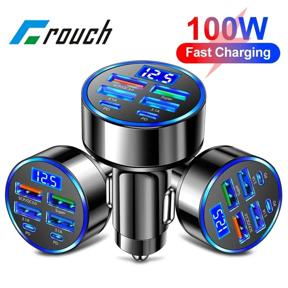 6 Ports 100W Digital Car Charger Fast Charging PD QC3.0 USB Type C Car Phone Charger in Car For iPhone Samsung Huawei Xiaomi