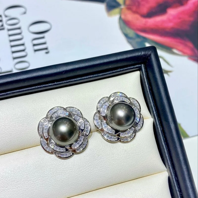 

SGARIT 10-11mm S925 Silver Tahiti Pearl Earrings For Women Big Natural Black Pearl Wedding Sterling Silver Gift Girl