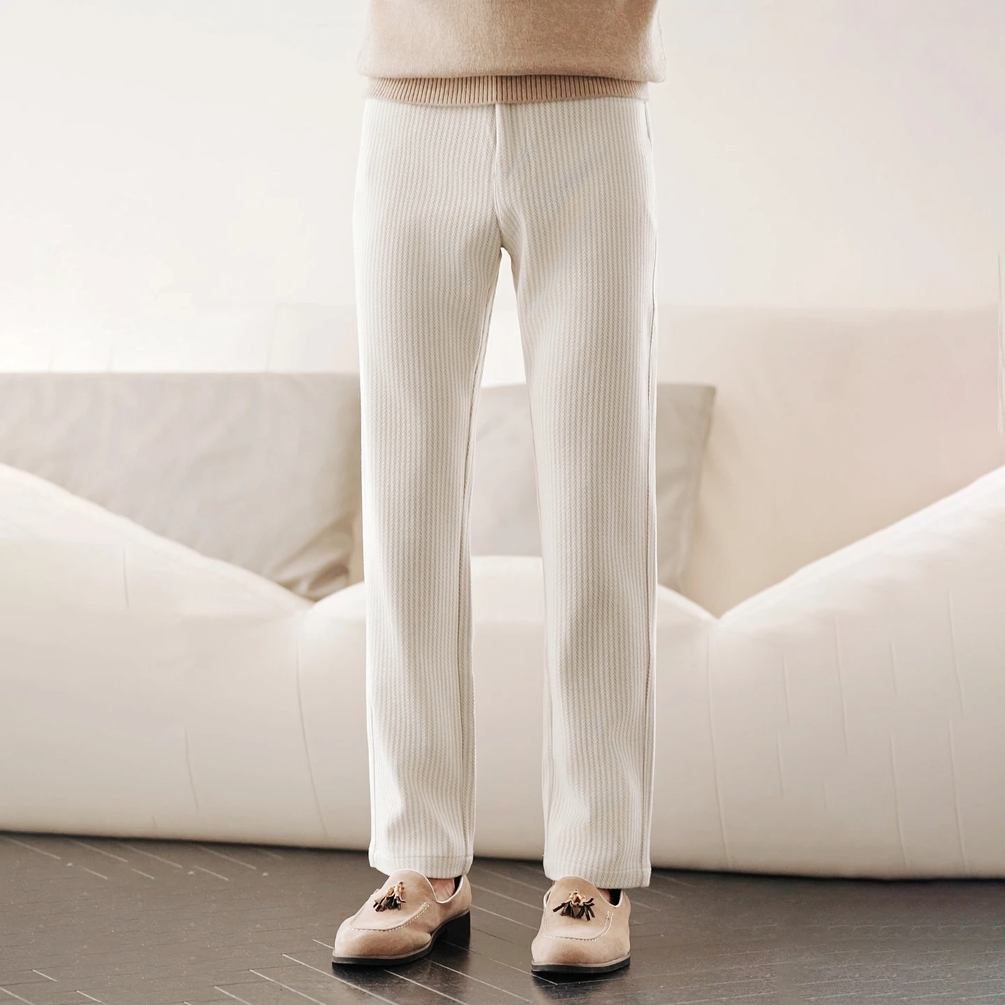 MVLYFLRT Men's Knitted Straight Leg Pants Loose Versatile Wool Acetate Silk Thick Ankle Pants for Autumn Winter