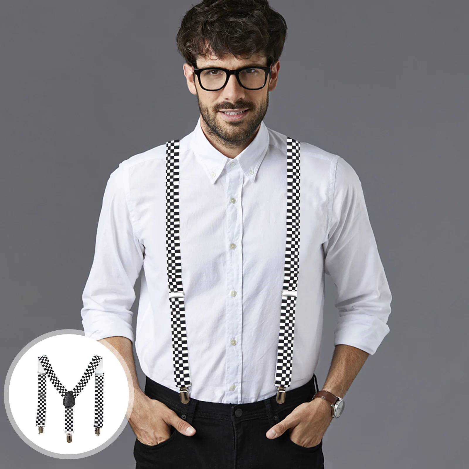 

Elastic Y back Checkered Suspender Clip on Braces Black White 94cm Stainless Steel Buckles 3 Clips 2 Adjusters Stylish Casual