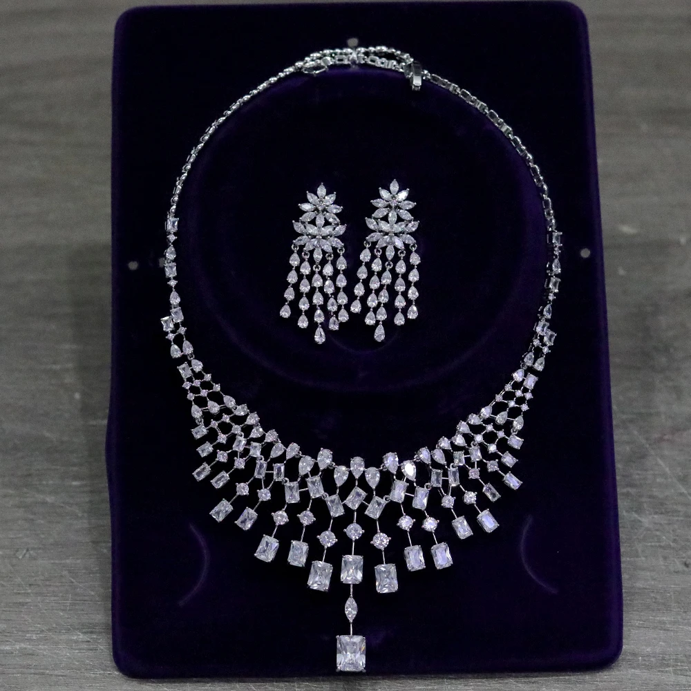 

ZY UNIQUE Fashion Full Cubic Zirconia Jewelry Set Luxury Dubai Wedding Birthday Party Accessories 2 Piece CZ Necklace Women