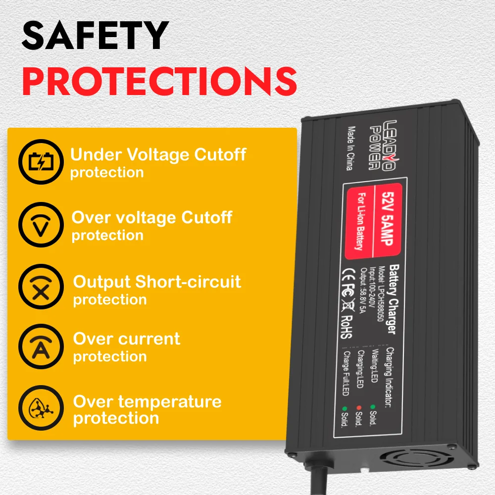58.8V 5A Charger for 14S 52V Li-ion Battery Electric Bike Ebike With DC2.1 XLR-3pin Plug Optional 52V Lithium Battery Charger