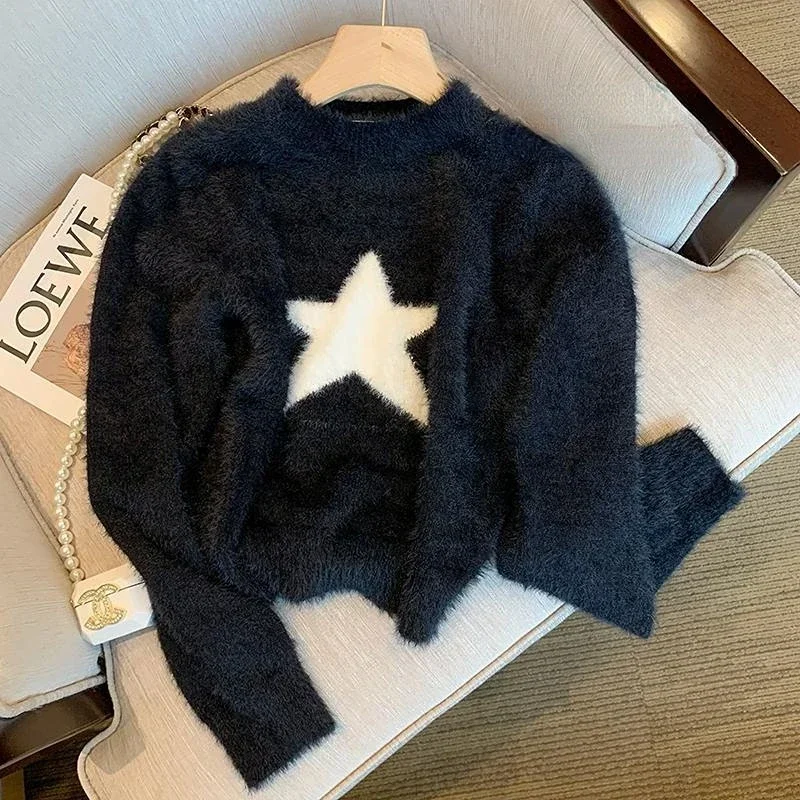 Cropped Stars Pullovers Women Casual Long Sleeve Tender Harajuku Students Sweaters Korean Fashion Pull Femme Ropa Mujer Retro