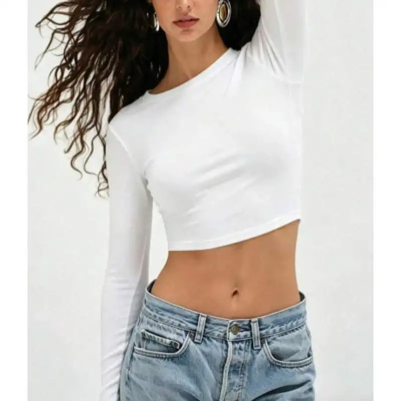 Women's White U-Neck Fitted Long Sleeve Cropped T-Shirt, Vintage Leopard Head & Letter Print Str,Tops,Shirts,Going Out Tops