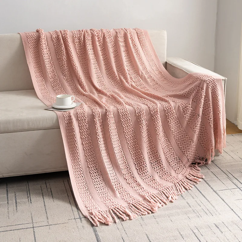 TL Pink Knitted Throw Blankets with Tassels Jacquard Textured Boho All-Season Vintage Chunky Cozy Gift Blankets Manta Para Sofá