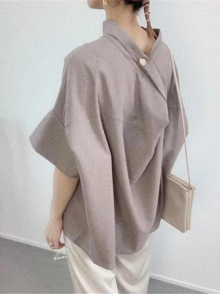 

Летние женские блузки с рукавами «летучая мышь», воротником-стойкой, в винтажном японском стиле, повседневные свободные элегантные рубашки