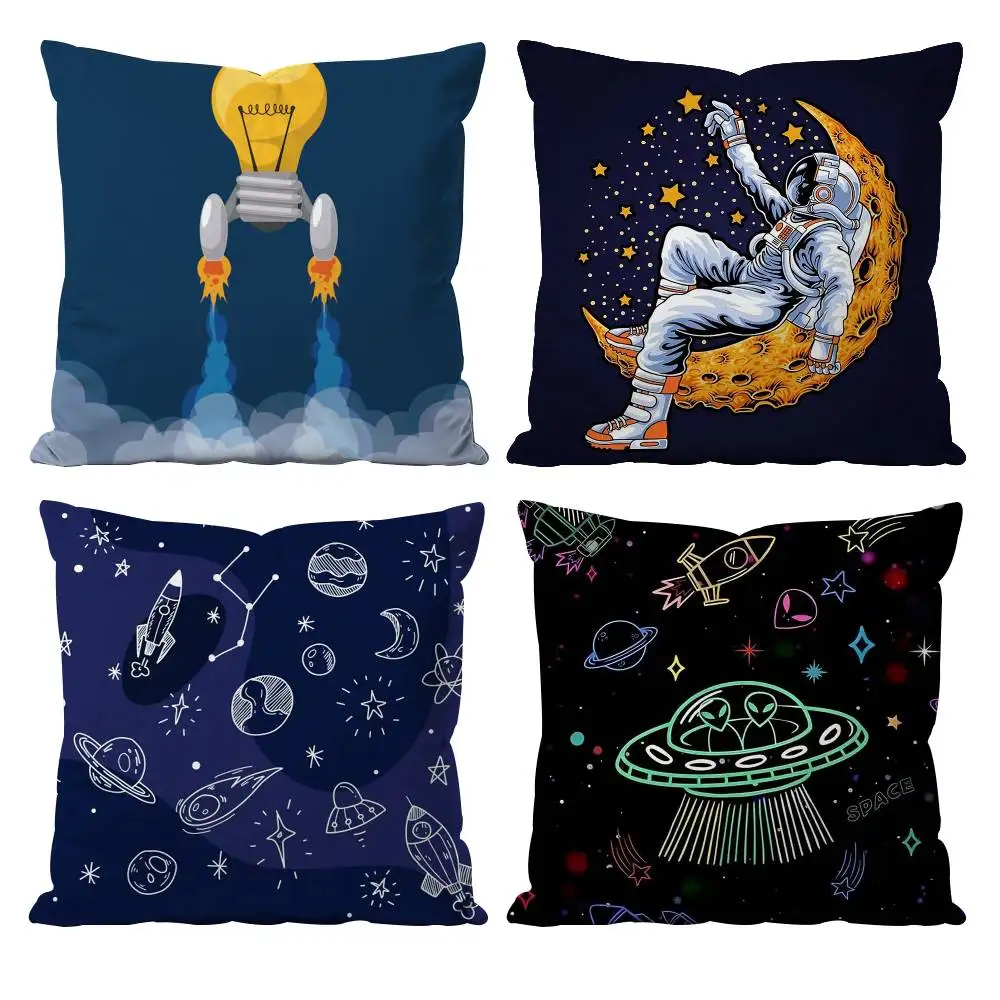 

Cartoon Astronaut Rocket Pillow Case Anti-dustmite Pillowcase Invisible Zipper Silky Short Plush Sofa Cushion Cover