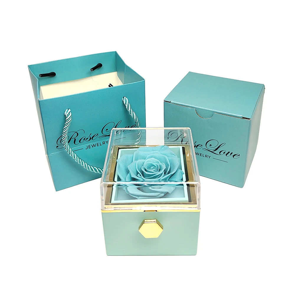 360 Degree Rotatable Preserved Real Rose Ring Box Necklace Jewelry Valentine Forever Roses Storage Case for Women Girlfriend