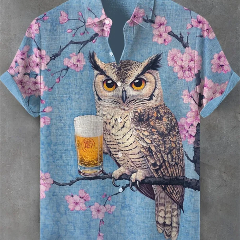 Men's Hawaiian Style Owl Print Linen Shirt Short Sleeve Plum Blossom Lapel Casual Button Cardigan Streetwear