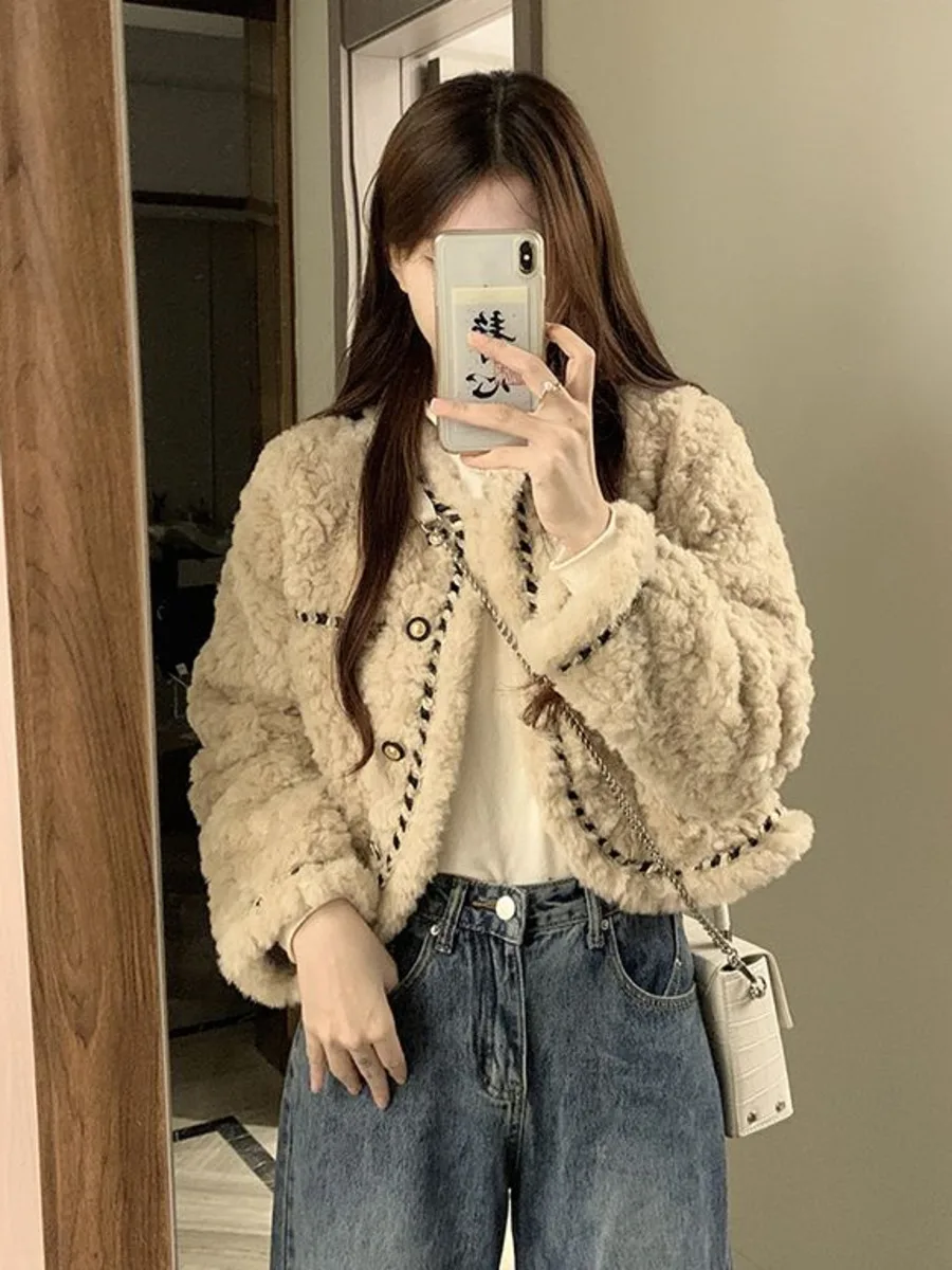 Women Autumn Winter Tweed Jacket Imitation Lamb Wool Loose Short Style Warm Thick Long Sleeve Cotton Jacket Outerwear