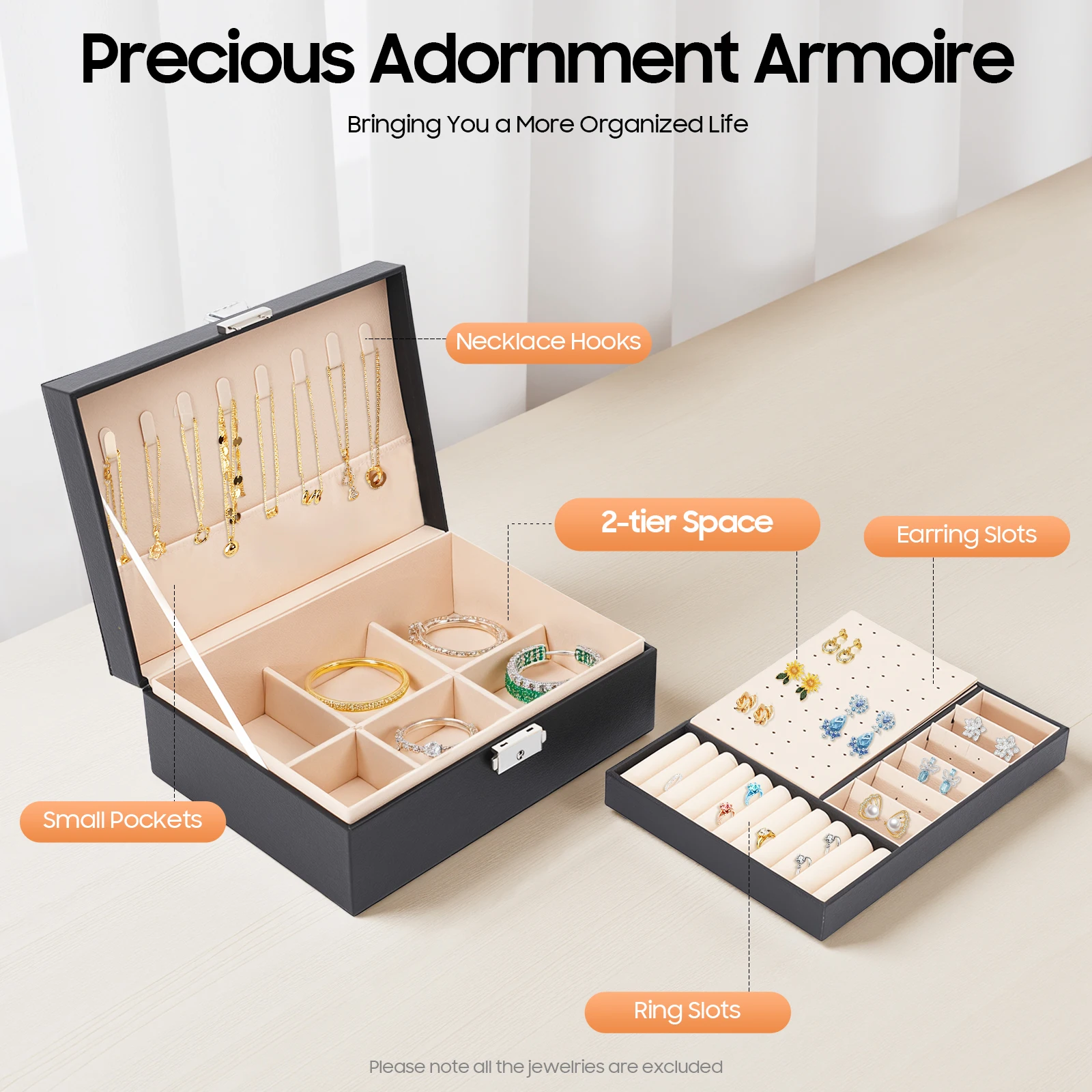 

2-Tier Jewelry Box Organizer with Lock & Key, Travel Portable Velvet Lining Storage Case for Rings Earrings Necklaces