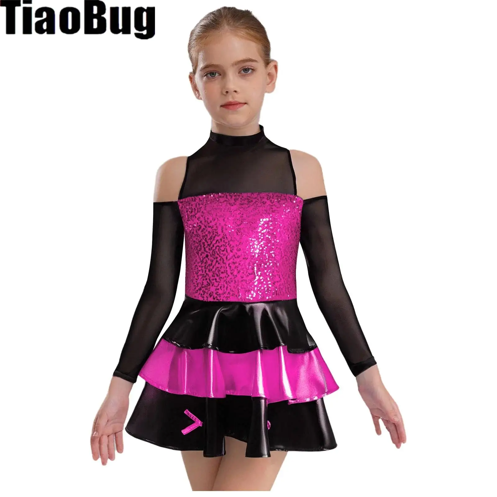 

Kids Girls Jazz Dance Dress Mock Neck Long Sleeve Cold Shoulder Shiny Sequins Tiered Ruffled for Dance Wear Performance Costume