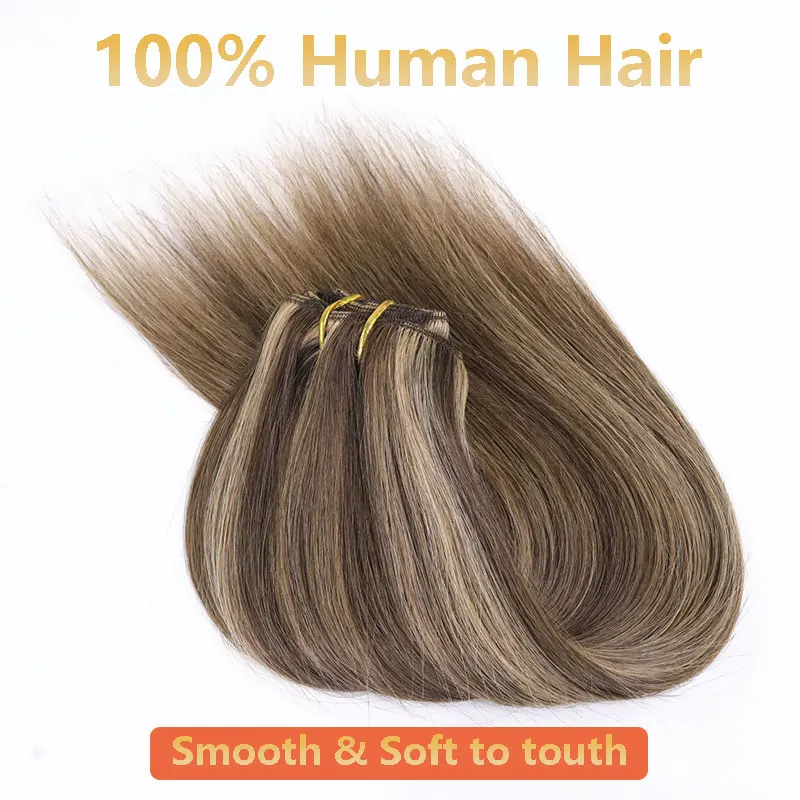 Extensiones con clip rubias de cabello humano, invisibles, #4/27 balayage con reflejos castaños, para mujer, 7 piezas por paquete, 120g 4