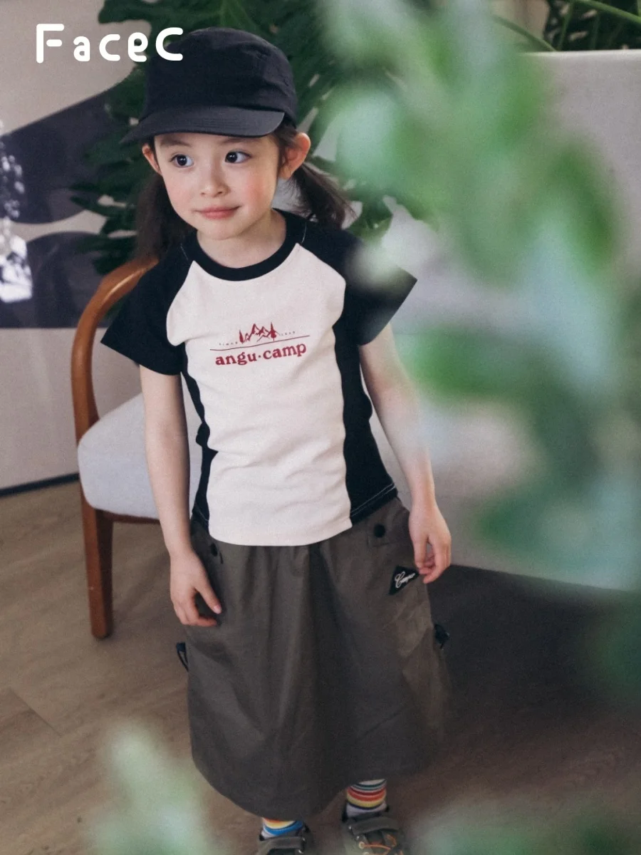 Girls' Casual Outdoor Short Sleeve T-Shirt Color Block Design Breathable Cotton Blend Summer New Arrival for Kids And Tweens