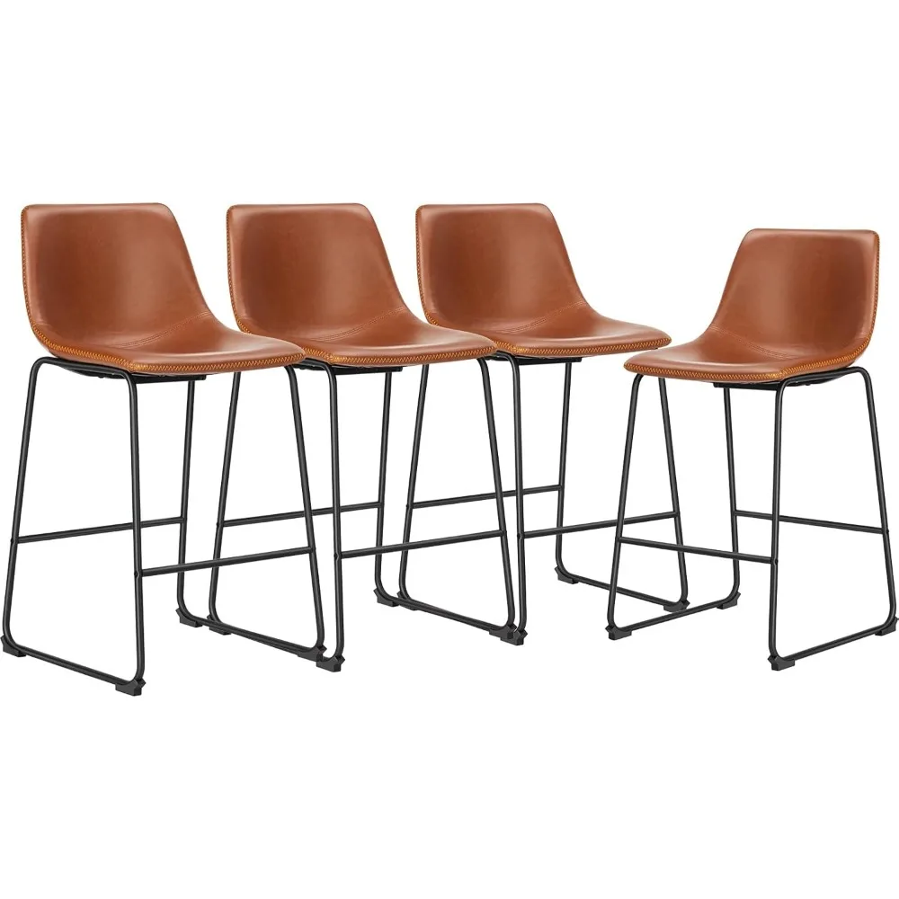 26 Inch Counter Height Bar Stools Set of 4, Modern Faux Leather High Barstools with Back and Metal Leg, Bar Chairs, Brown